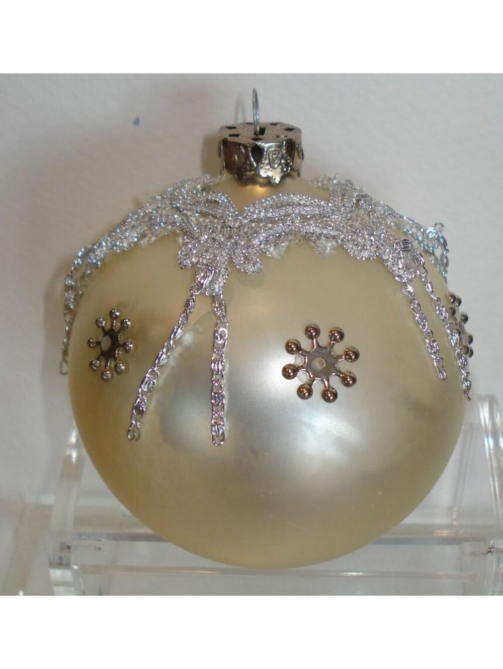 Vintage 1970's Cream Hand Made Jeweled And Ribboned Christmas Ornament
